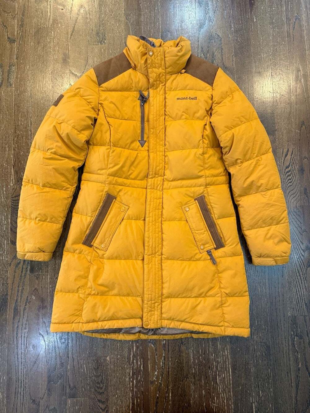 Montbell Mustard Yellow Long Down Puffer Jacket with Brown Suede Trim Size S